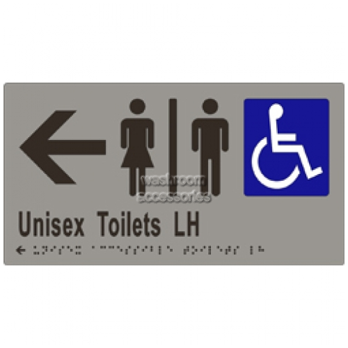 View ML16230 Braille Sign Unisex Accessible Toilets Divided LH and Arrow details.