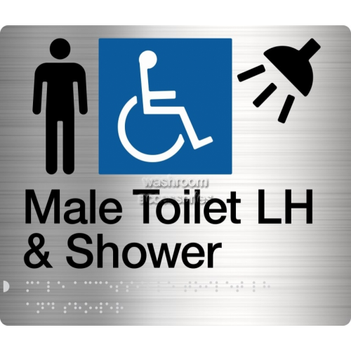 View MDTSLH Accessible Male Toilet Left Hand and Shower Sign Braille details.